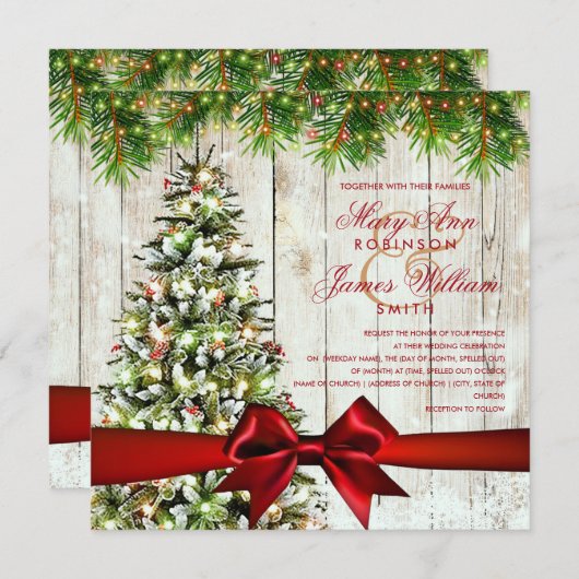 クリスマス結婚の木、ライト、赤リボン 招待状 (正面/裏面)