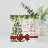 クリスマス結婚の木、ライト、赤リボン 招待状 (スタンド正面)