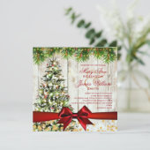 クリスマス結婚の木、ライト、赤リボン 招待状 (スタンド正面)