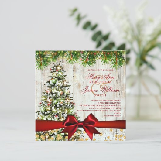 クリスマス結婚の木、ライト、赤リボン 招待状 (スタンド正面)