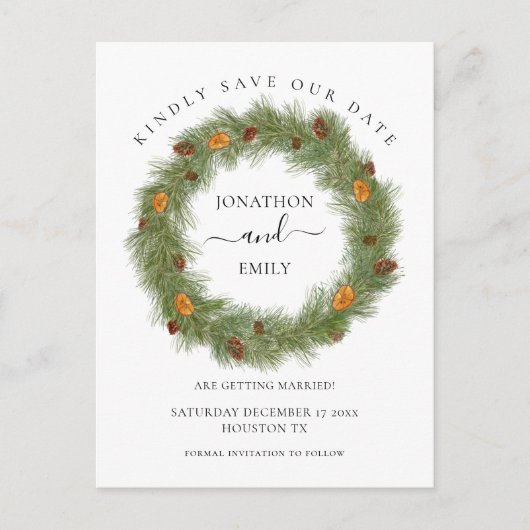 クリスマス結婚の松のコーンのオレンジ日を保存 案内ポストカード (正面)