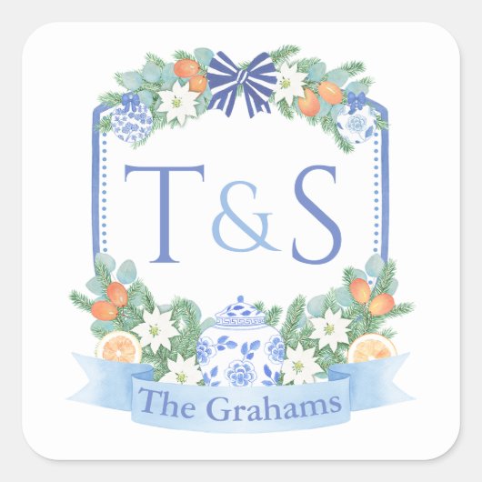 クリスマス結婚の植物性モノグラムクレスト スクエアシール (正面)