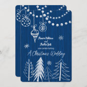 クリスマス結婚の白いチョークのデザインが青 招待状 (正面/裏面)
