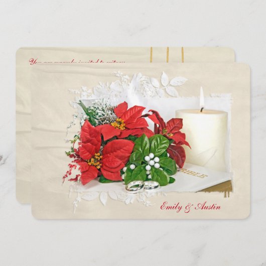 クリスマス結婚の祝日で聖書に指輪が付いている 招待状 (正面/裏面)