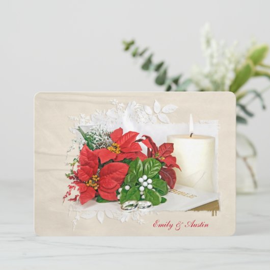 クリスマス結婚の祝日で聖書に指輪が付いている 招待状 (スタンド正面)