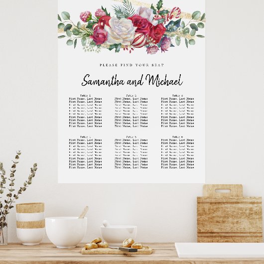 クリスマス結婚の緑の6テーブルの座席表 ポスター (キッチン)