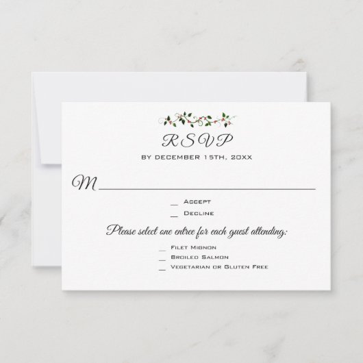 クリスマス結婚またはイベント3 Entree RSVP応答 出欠カード (正面)