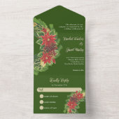 クリスマス結婚ポインセチアの緑と赤 オールインワン招待状 (内側)