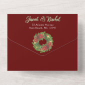 クリスマス結婚ポインセチアの緑と赤 オールインワン招待状 (裏面)