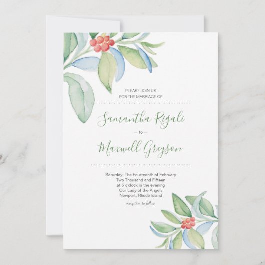 クリスマス結婚式招待状ウォーターカラーグリーナリー 招待状 (正面)