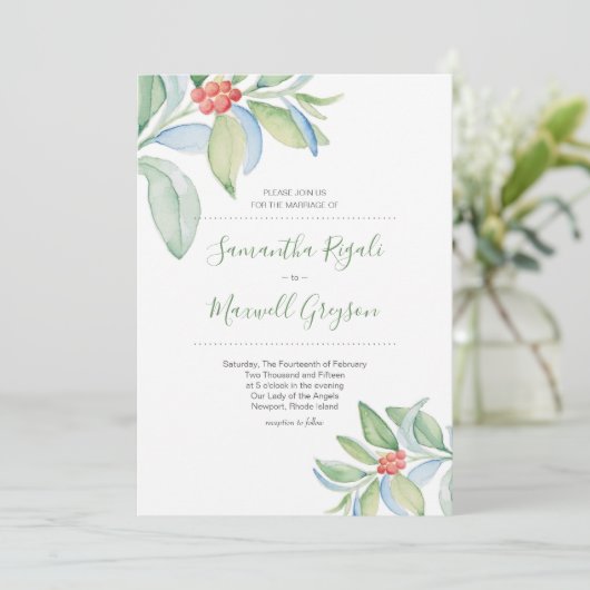 クリスマス結婚式招待状ウォーターカラーグリーナリー 招待状 (スタンド正面)