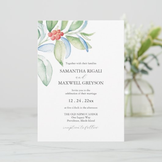 クリスマス結婚式招待状ウォーターカラーグリーナリー 招待状 (スタンド正面)