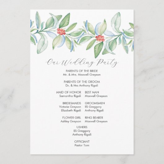 クリスマス結婚式 プログラムエレガント冬の緑 プログラム (裏面)