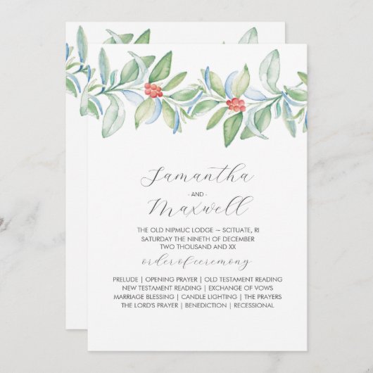 クリスマス結婚式 プログラムエレガント冬の緑 プログラム (正面/裏面)