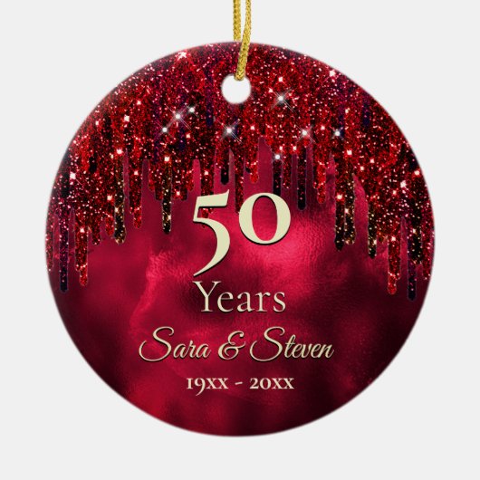 クリスマス結婚記念日の赤グリーングリッター セラミックオーナメント (正面)