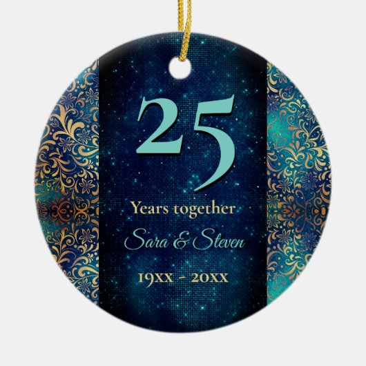 クリスマス結婚記念日ターコイズ金ゴールド セラミックオーナメント (正面)