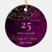 クリスマス結婚記念日パープル金ゴールドグリッター セラミックオーナメント (正面)