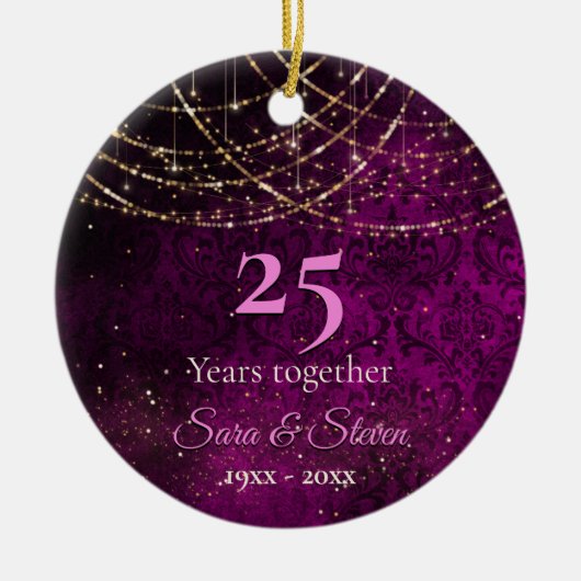 クリスマス結婚記念日パープル金ゴールドグリッター セラミックオーナメント (正面)