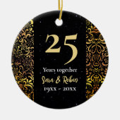 クリスマス結婚記念日ブラックフローラ金ゴールド セラミックオーナメント (正面)
