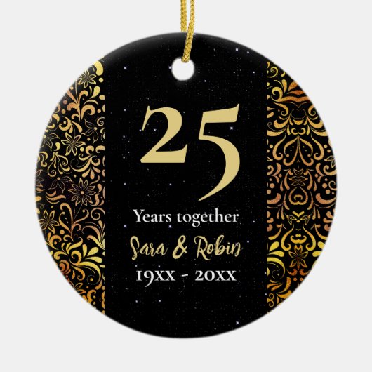 クリスマス結婚記念日ブラックフローラ金ゴールド セラミックオーナメント (正面)