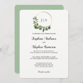 クリスマス結婚金ゴールドグリーンリースエレガント 招待状 (正面/裏面)