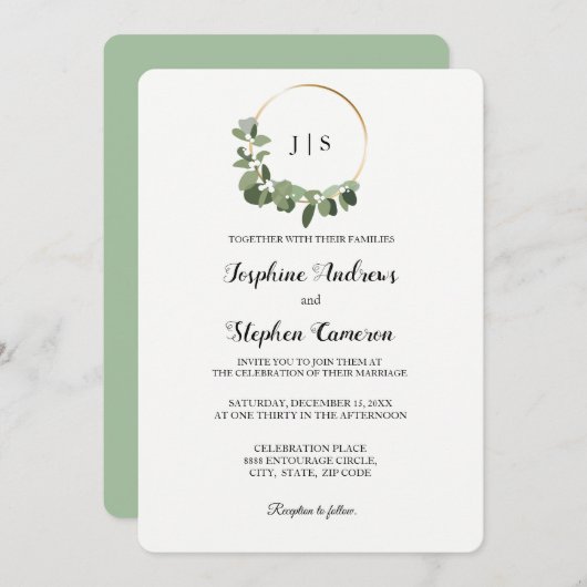 クリスマス結婚金ゴールドグリーンリースエレガント 招待状 (正面/裏面)