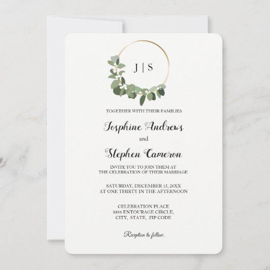 クリスマス結婚金ゴールドグリーンリースエレガント 招待状 (正面)
