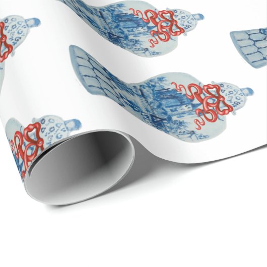 クリスマス絵を描の手青と白のジンジャージャー ラッピングペーパー (ロールコーナー)