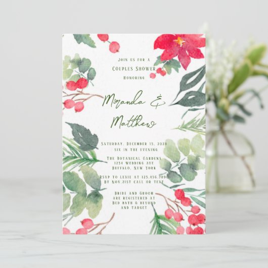 クリスマス絵を描フローラグリーンリーフカップルシャワー 招待状 (スタンド正面)