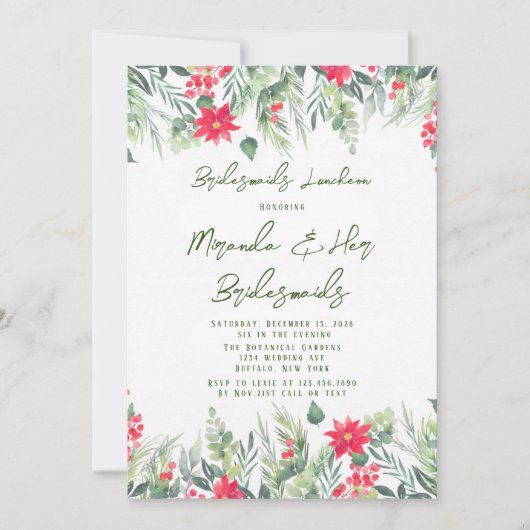 クリスマス絵を描フローラリーフブリデスメイドランチョン 招待状 (正面)