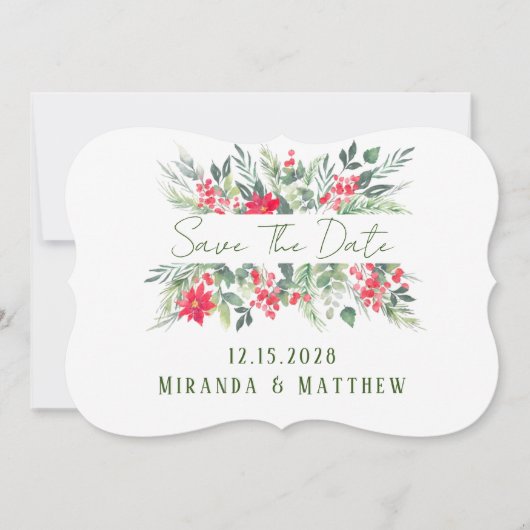 クリスマス絵を描フローラリーフ結婚式の日付を保存 招待状 (正面)