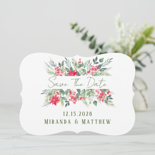 クリスマス絵を描フローラリーフ結婚式の日付を保存 招待状 (スタンド正面)