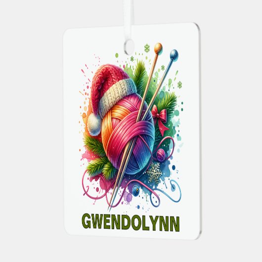 クリスマス編み物ファン名前をカスタムする メタルオーナメント (正面左)