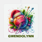 クリスマス編み物ファン名前をカスタムする メタルオーナメント (正面)