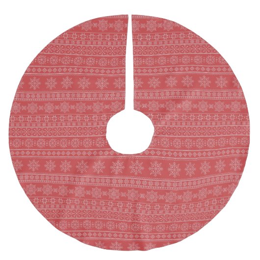 クリスマス編み物北欧レッド白クリスマス雪 ブラッシュドポリエステルツリースカート (正面)