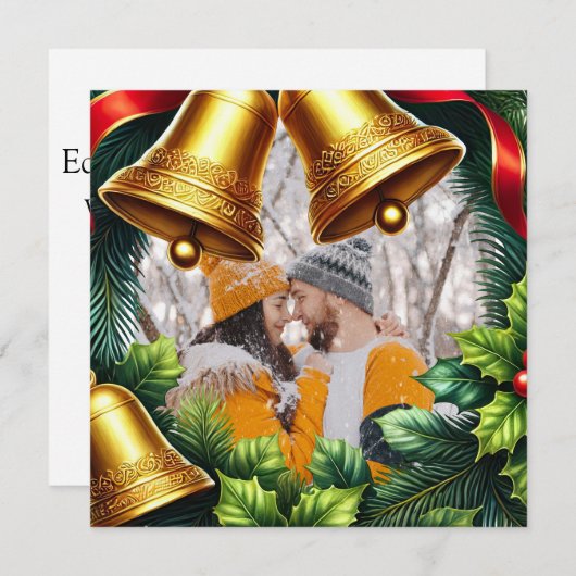 クリスマス縁どのベル付きエバーグリーンフォト シーズンカード (正面/裏面)