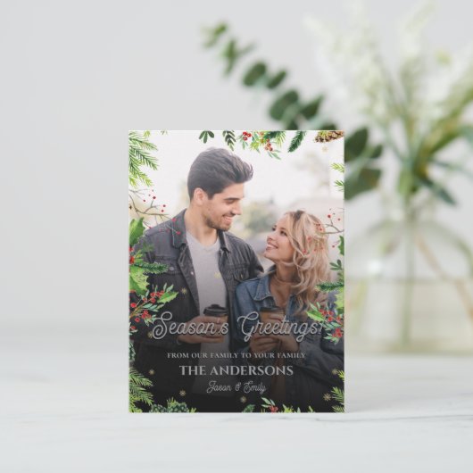 クリスマス縁どの緑の季節の挨拶の写真 ポストカード (スタンド正面)