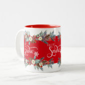 クリスマス縁どの花 – それを雪のタイポグラフィ ツートーンマグカップ (正面左)