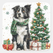 クリスマス縁どツリーでフェスティバルスカーフ付きコリー スクエアシール (正面)