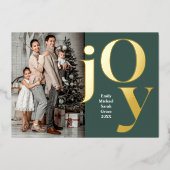クリスマス縦家族の写真名ジョイグリーン金ゴールド 箔シーズンカード (正面)