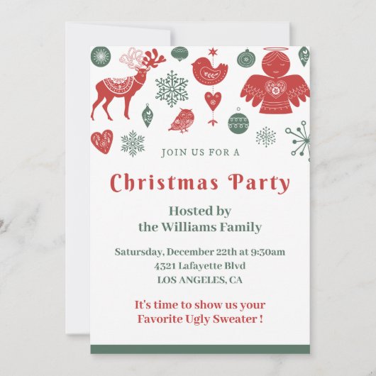 クリスマス美しい北欧パターングリーン 招待状 (正面)