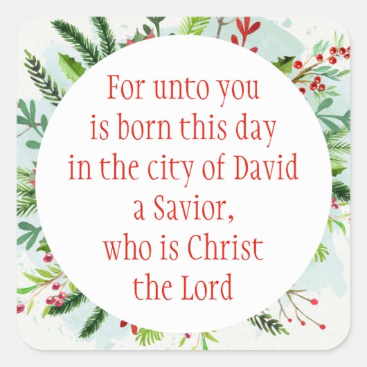 クリスマス聖なる書物、 経典ルカ2:11水彩フローラAr スクエアシール (正面)