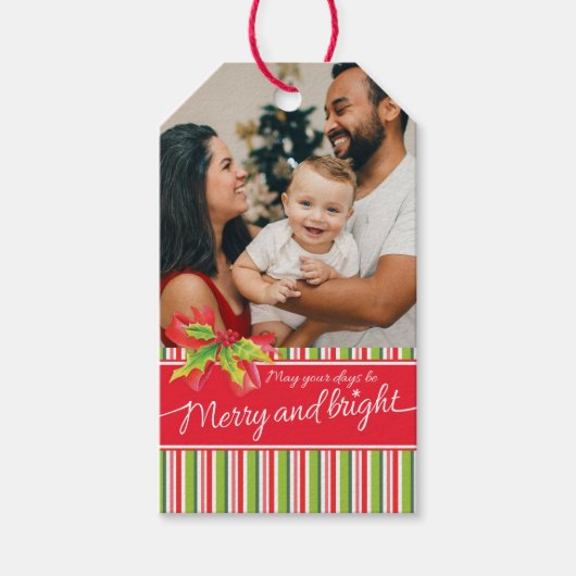 クリスマス自分の写真を追加する赤い緑のギフトラベル ギフトタグ (正面)