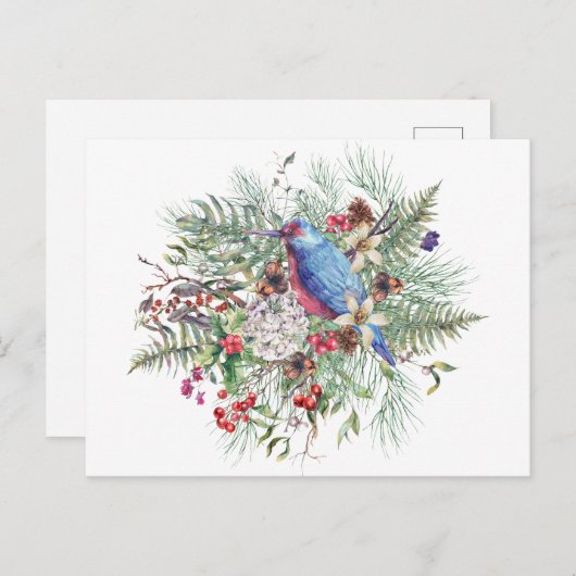 クリスマス自然イラストレーションとバードベリー シーズンポストカード (正面/裏面)