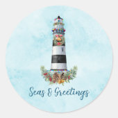 クリスマス航海のウォーターカラーライトハウス ラウンドシール (正面)