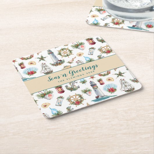 クリスマス航海のシーズの挨拶パーソナライズされた スクエアペーパーコースター (アングル)