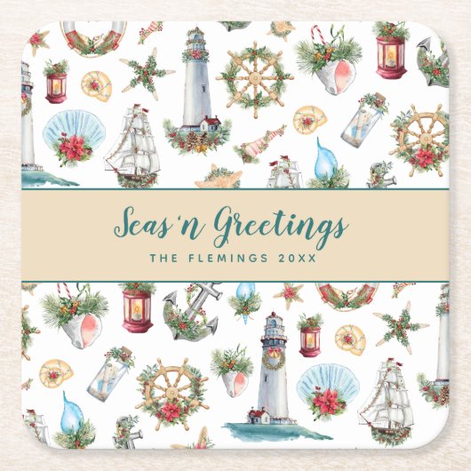 クリスマス航海のシーズの挨拶パーソナライズされた スクエアペーパーコースター (正面)