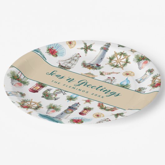 クリスマス航海のシーズの挨拶パーソナライズされた ペーパープレート (アングル)