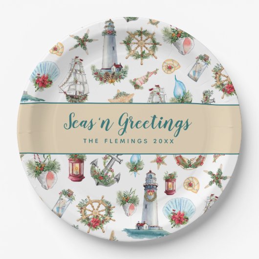 クリスマス航海のシーズの挨拶パーソナライズされた ペーパープレート (正面)