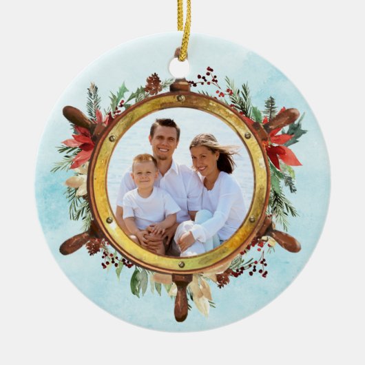 クリスマス航海のビーチ船のホイールフォト セラミックオーナメント (正面)